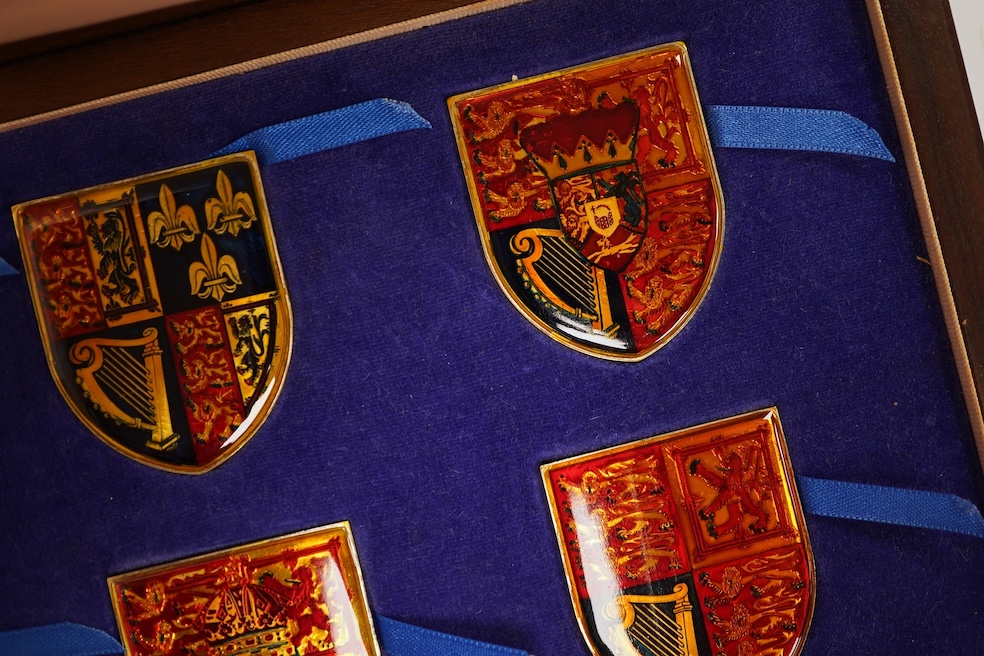 Yorkshire Mint 'Royal Arms Collection' of 12 enamelled silver armorial shields, cased and Westminster Mint 12 QEII Falkland Islands Golden Jubilee proof silver coins, cased (2 cases)